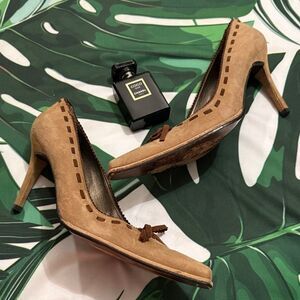 Stuart Weitzman Tan Suede Heels with Bow Accent